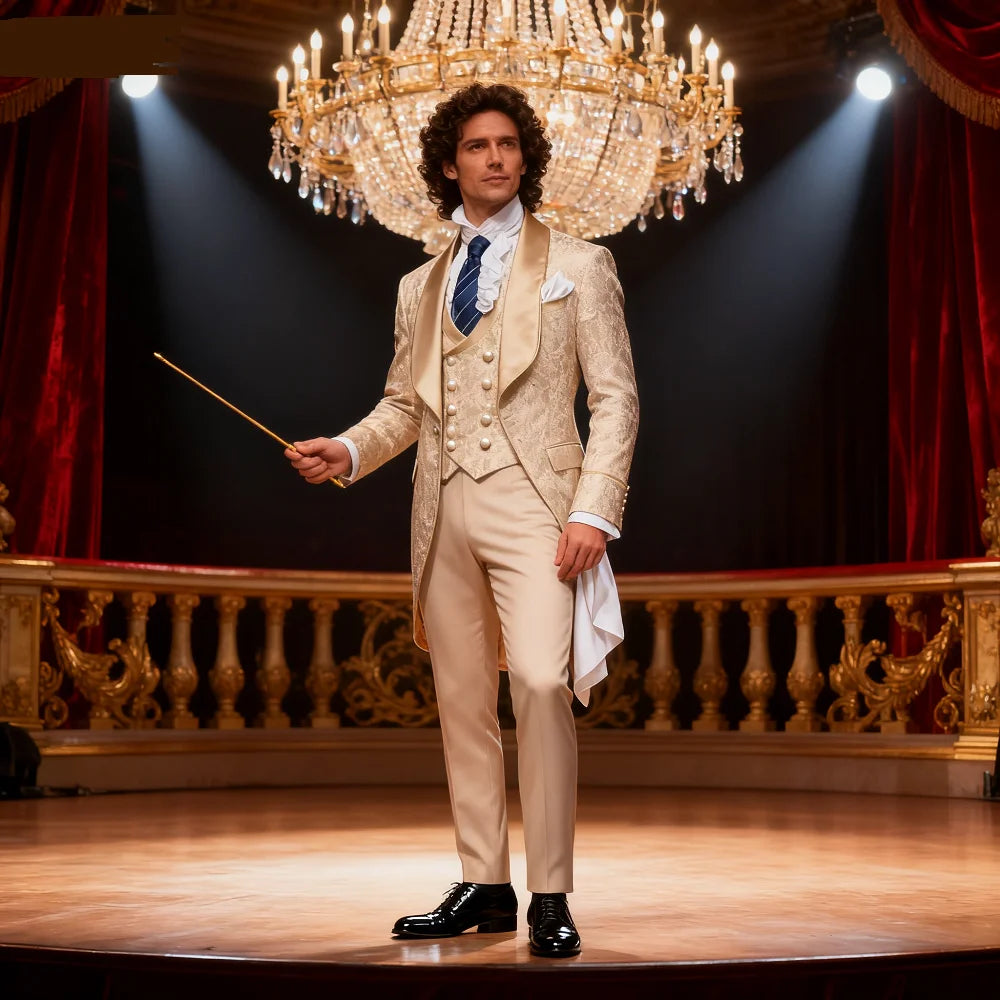Costume de smoking formel 3 pièces en jacquard champagne pour homme avec blazer à revers châle, idéal pour le marié, le témoin ou les smoking pour soirée