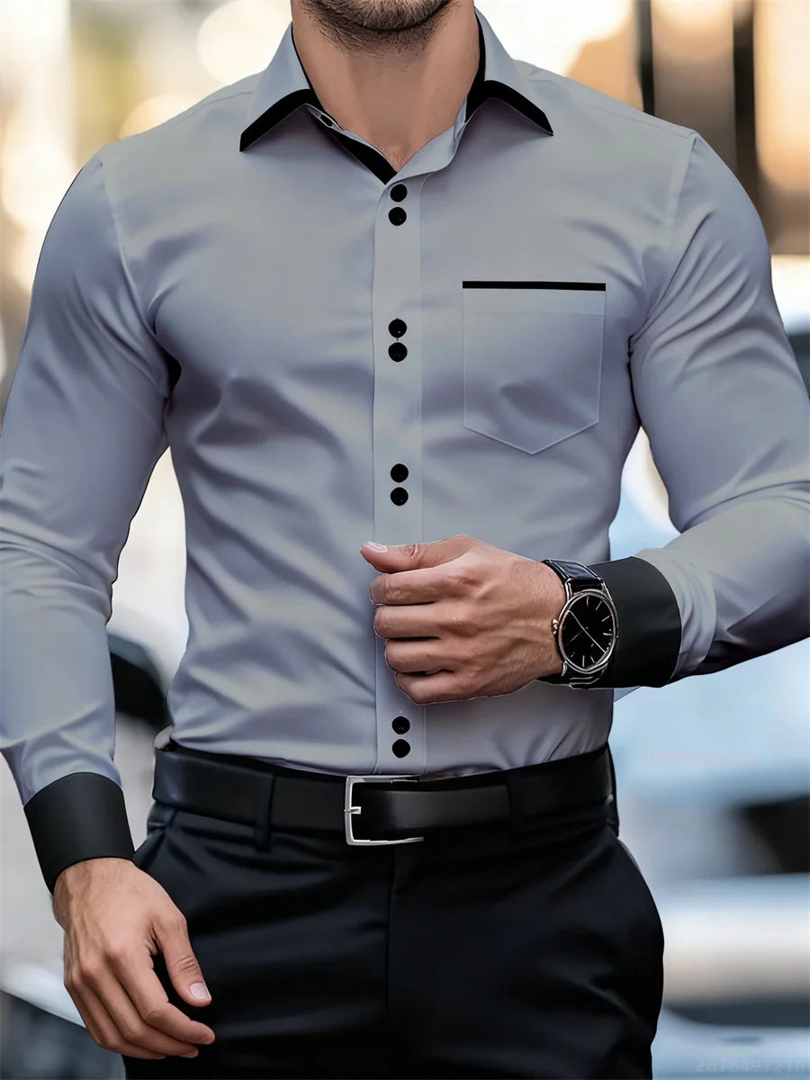 Chemise à manches longues à col bloc de couleur pour hommes d'affaires, coupe ajustée, sans plis, chemise Patchwork noir et blanc, haut tendance pour hommes
