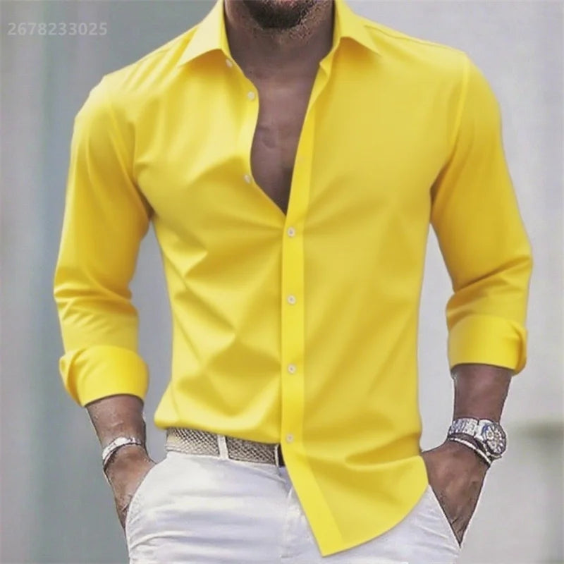 Chemise blanche décontractée pour homme, couleur unie, tissu extensible à manches longues, chemise formelle pour affaires, tissu confortable