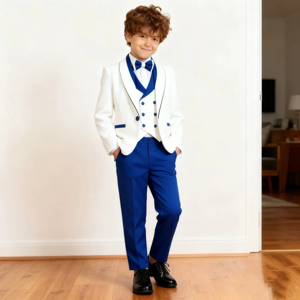Vente chaude rouge blanc contraste garçons costume formel ensemble 3-14 ans 2026 4 pièces enfants mariage smoking Blazer gilet pantalon nœud papillon