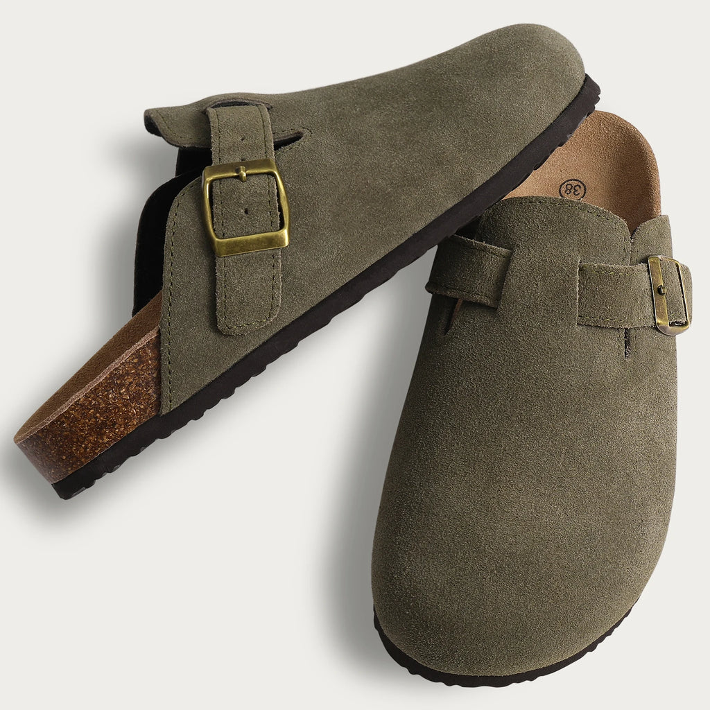 Comwarm – Mules en daim pour femmes, pantoufles, sabots pour hommes, sandales à semelle intérieure en liège avec Support d'arc, diapositives de plage en plein air, chaussures de maison