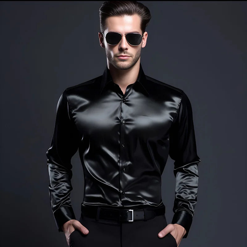 Hommes Satin luxe robe chemises mode soie lisse mâle smoking chemise solide fête de mariage bal chemise décontractée bureau d'affaires