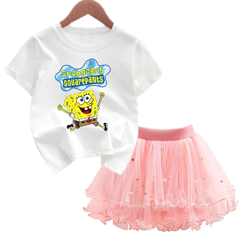 Robe Bob l'éponge pour filles, vêtements d'anniversaire pour enfants, robe de princesse de fête, T-shirt + jupe Tutu, cadeau de soirée d'été, 2 pièces/ensemble