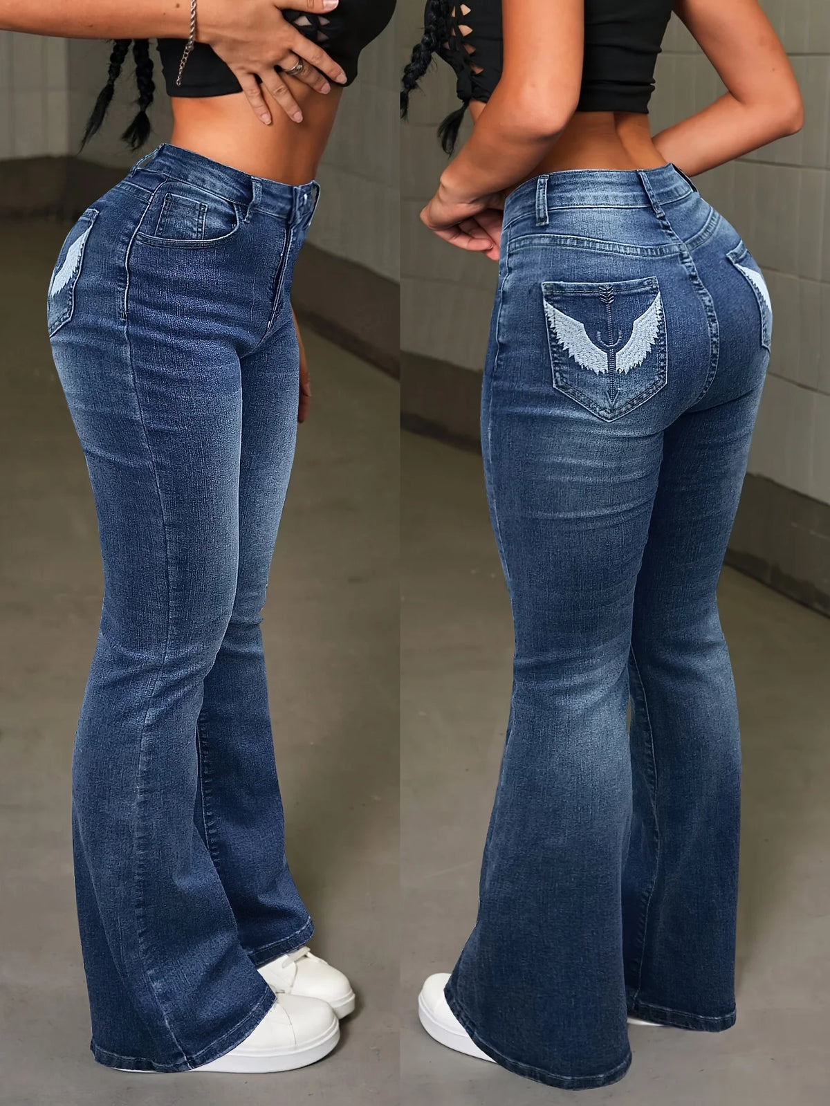 Y2k – jean taille haute extensible pour femmes, décontracté, ailes brodées, jambes évasées, Sexy, rétro, poche, slim, ajusté, Festival