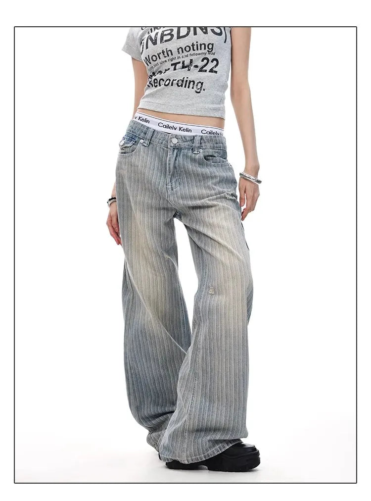 Jean en Denim détresse rayé drapeau américain Vintage, coupe ample, pantalon Micro évasé pour hommes et femmes, Style décontracté