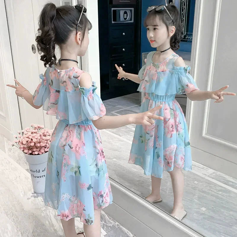 Robe d'été fine pour fille, robe de princesse florale en mousseline, vêtements d'été décontractés pour enfants, robes pour filles, Vestidos