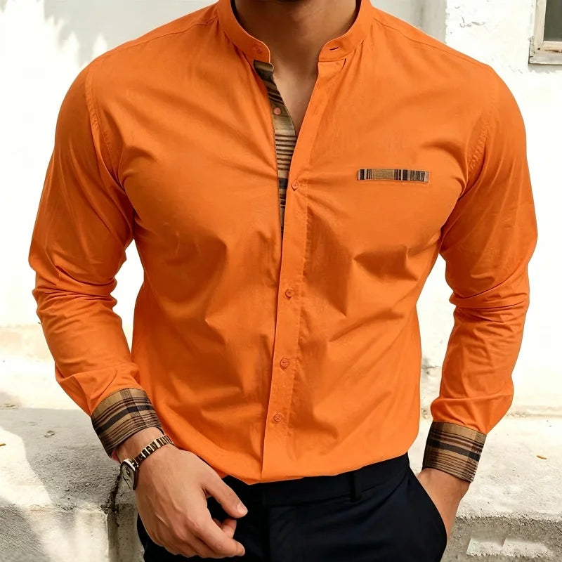 Chemise blanche à col montant pour homme, nouvelle collection, avec coutures à carreaux rétro, texture légère et luxueuse, haut à manches longues style business casual, tailles XS-6XL