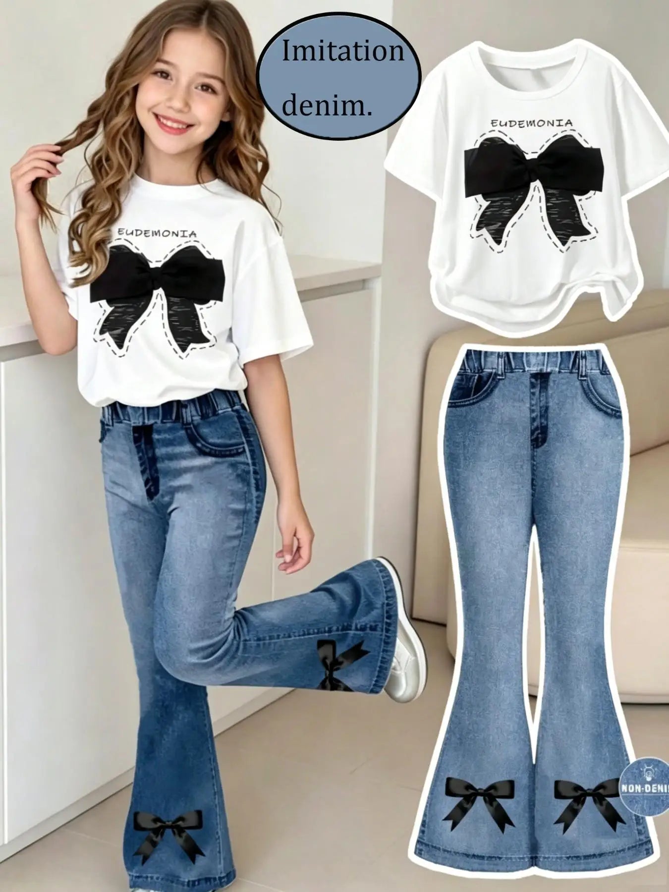 Tenue d'été décontractée pour filles, ensemble décontracté avec nœud papillon pour enfants, pantalon évasé en faux jean + t-shirt à manches courtes à col rond, ensemble deux pièces, tenue quotidienne tendance pour