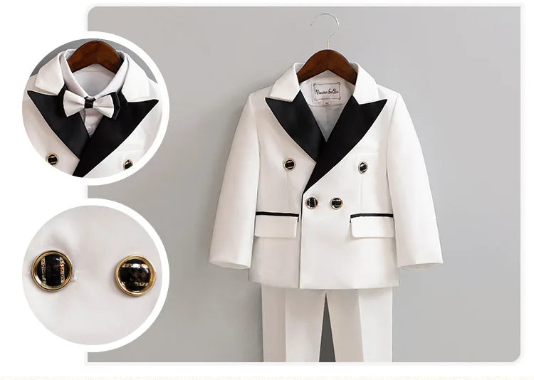 Costume de mariage blanc pour enfants, 3 pièces, veste, pantalon, Botwtie, costume de photographie, fleur, robe de soirée de smoking d'anniversaire pour garçons