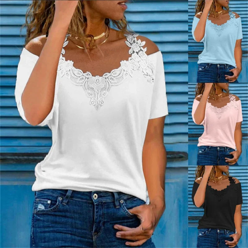 Chemise en dentelle à manches courtes pour femmes, t-shirt décontracté à col en V pour dames, évider les épaules, fronde, pull élégant, haut d'été sexy