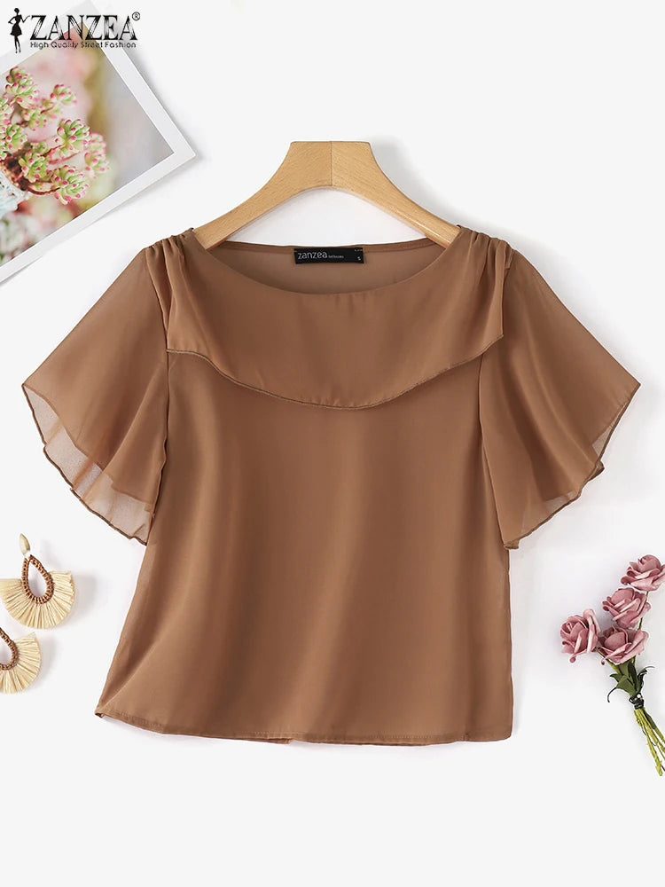 ZANZEA été femmes en mousseline de soie Blouse élégant à volants à manches courtes hauts chemise 2025 mode coréenne tunique décontractée Chic à volants ourlet Blusa