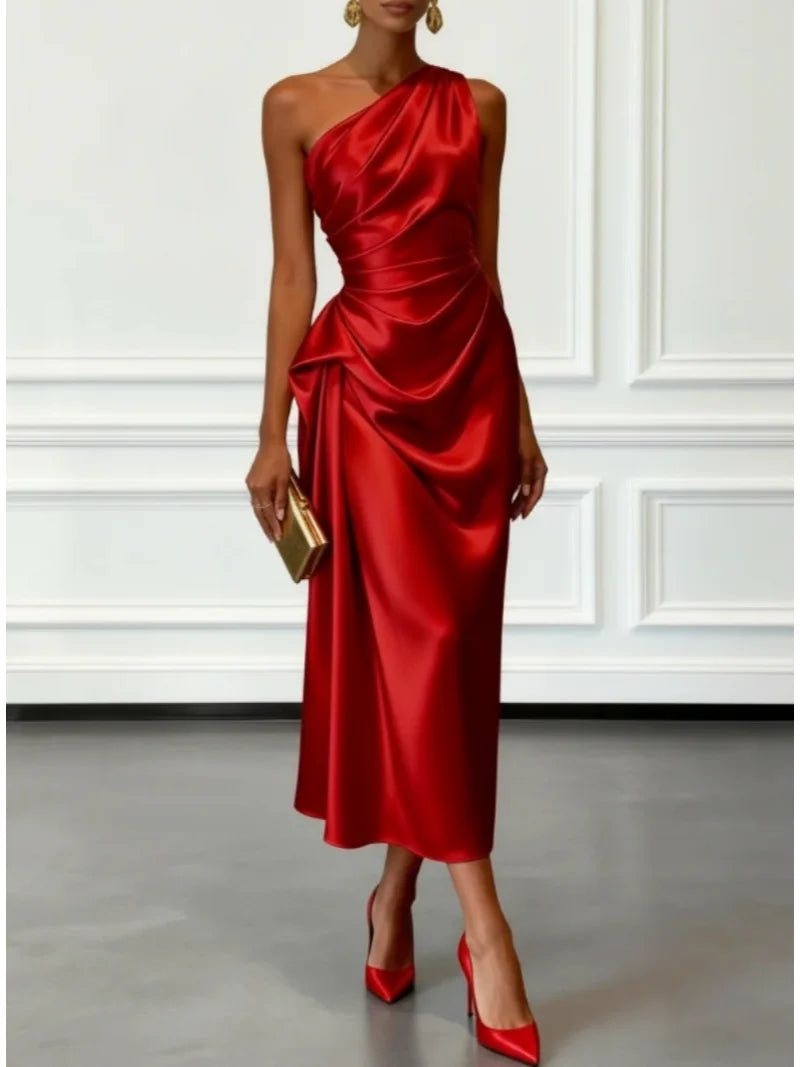Robe midi élégante à une épaule en satin plissé pour soirée formelle ou cocktail
