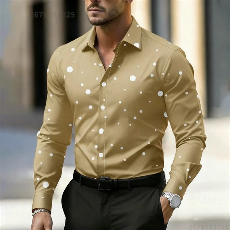 Nouvelle Chemise Décontractée à Manches Longues et Col à Revers à Pois pour Homme 2025 – Respirante, Confortable, Coupe Slim, Tendance, pour l'Extérieur – Tailles XS-6XL