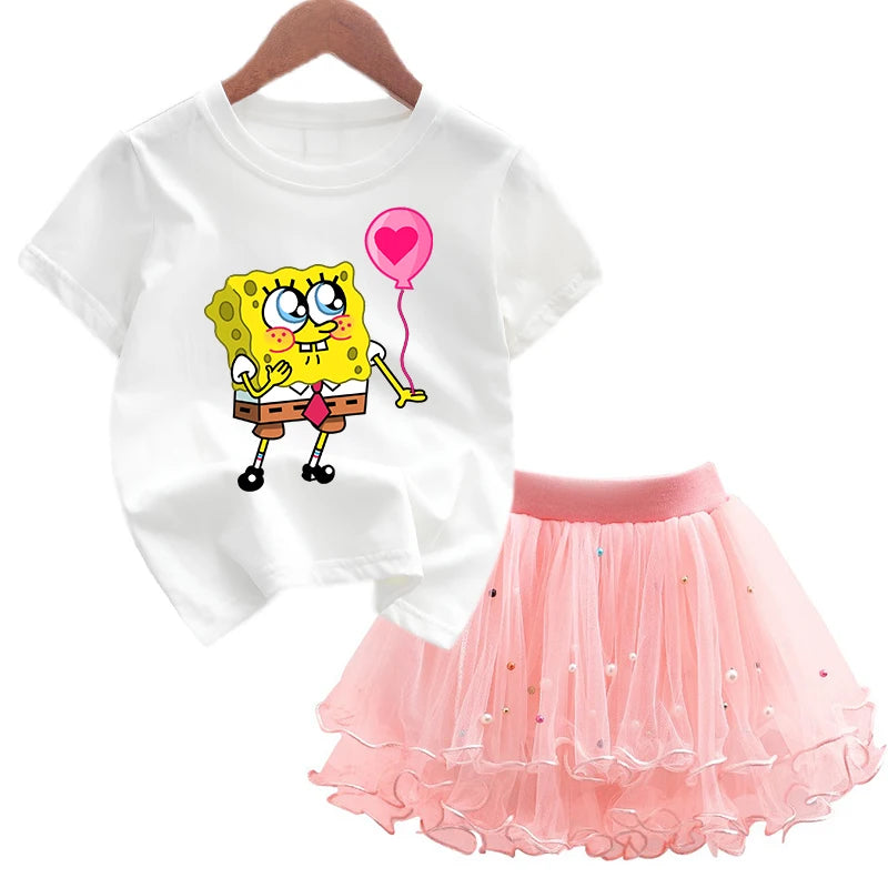 Robe Bob l'éponge pour filles, vêtements d'anniversaire pour enfants, robe de princesse de fête, T-shirt + jupe Tutu, cadeau de soirée d'été, 2 pièces/ensemble