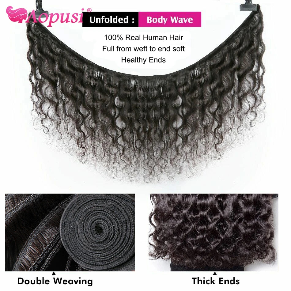 Aopusi – tissage en lot brésilien naturel Body Wave avec Closure, Extension de cheveux, lots de 3/4