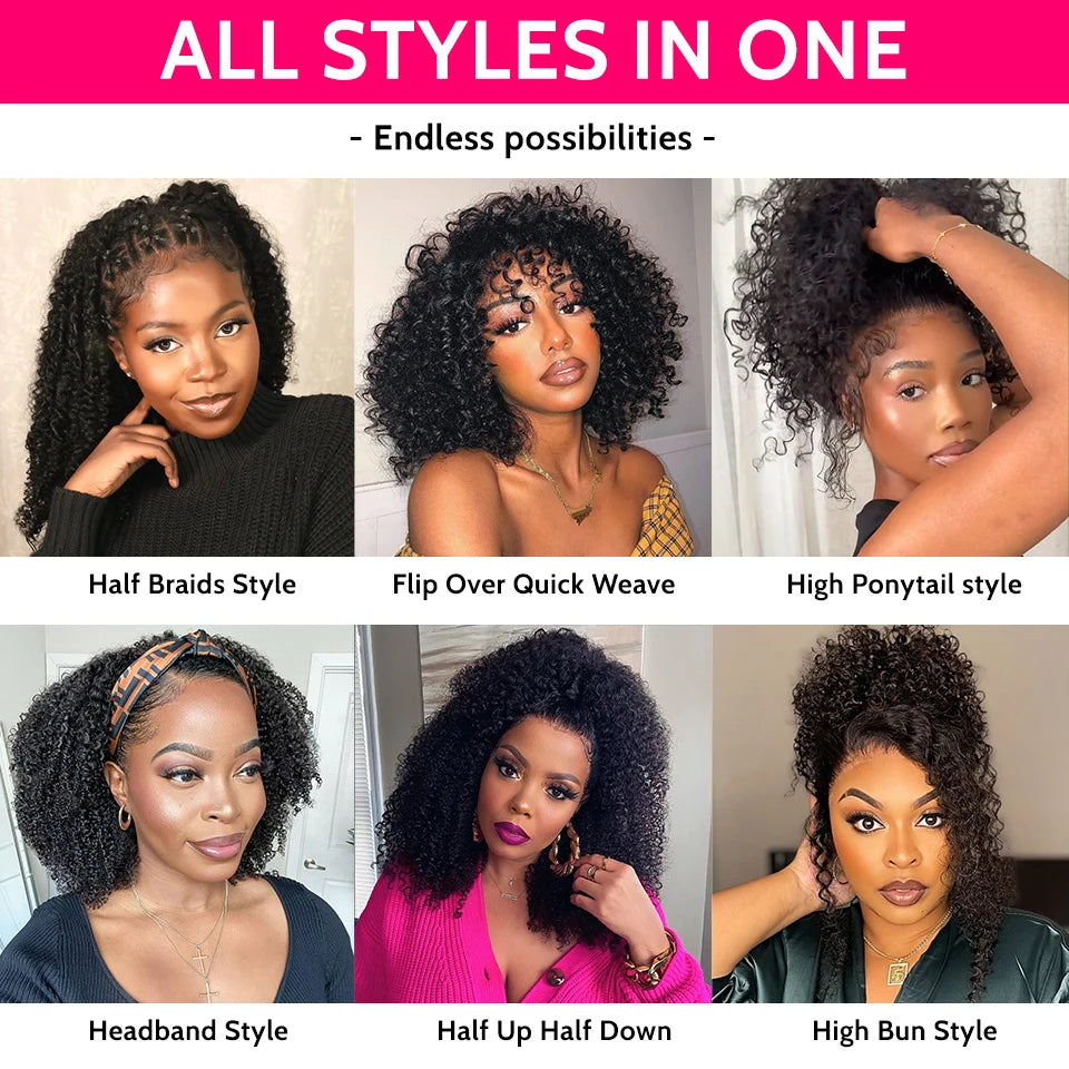 ISEE Hair – demi-perruque 3 en 1, cheveux naturels crépus bouclés, bandeau amélioré, sans colle, avec cordon de serrage, Clip sans couture, rabattable