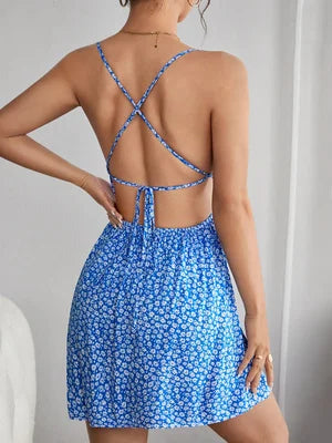 Mini-robe bleue à imprimé floral pour femme, bretelles spaghetti, buste froncé, dos nu, ourlet évasé, tenue d'été décontractée