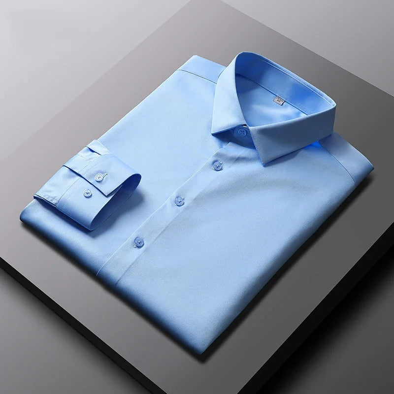 Chemise à manches longues pour hommes, couleur unie, décontractée et à la mode, haut d'affaires sans repassage et résistant aux rides