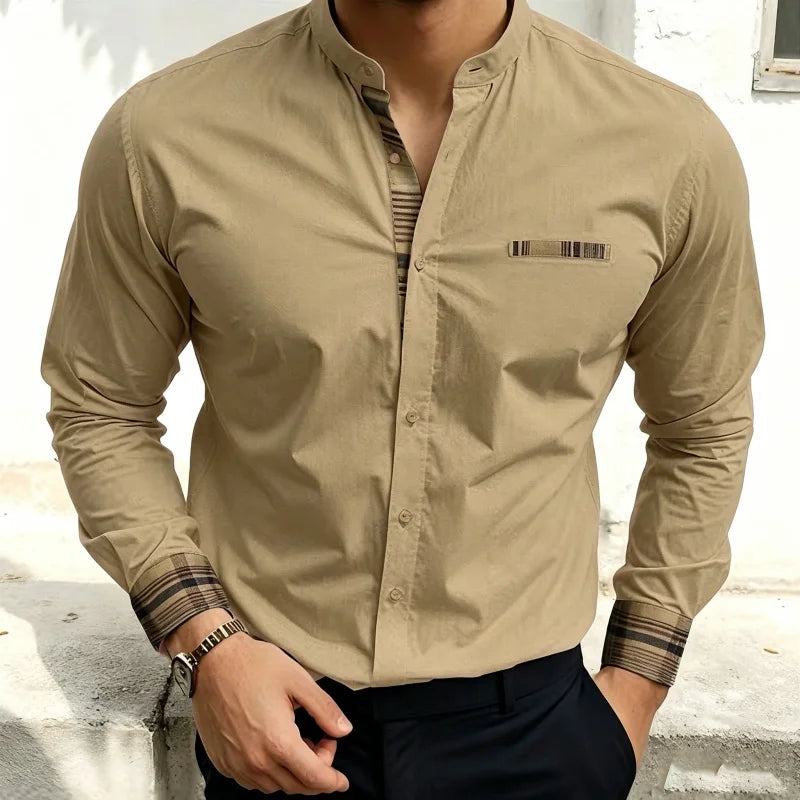 Chemise blanche à col montant pour homme, nouvelle collection, avec coutures à carreaux rétro, texture légère et luxueuse, haut à manches longues style business casual, tailles XS-6XL