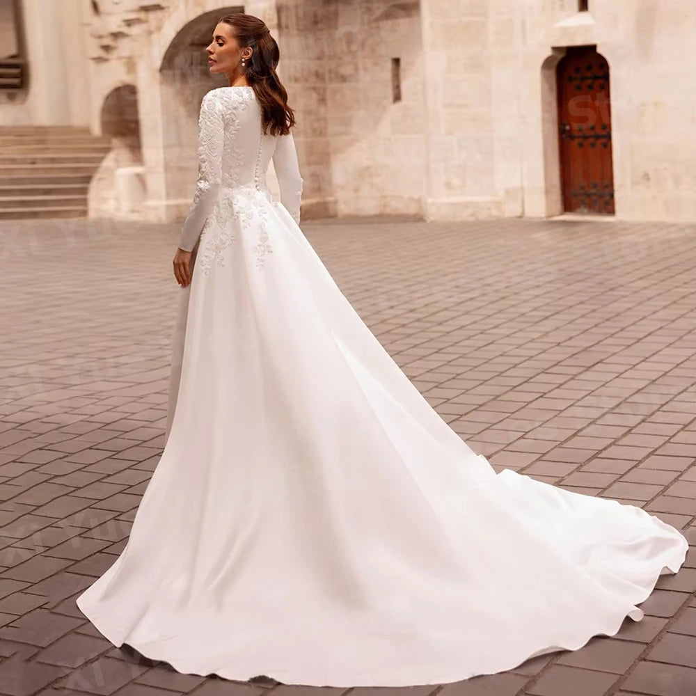 Robe De Mariée élégante ligne A pour femmes, col rond, avec des Appliques, manches longues, en Satin, personnalisée