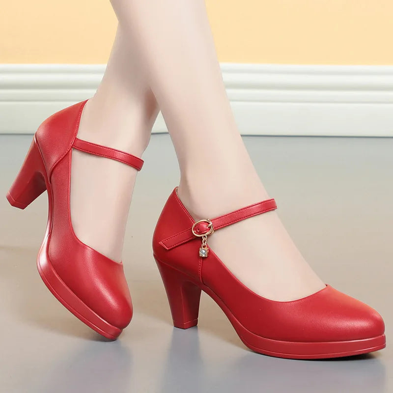 Chaussures de mariage femme en cuir souple respirant, talon bloc moyen 6,5 cm, plateforme 2026, couleur argent et rouge, pour le bureau et les mamans