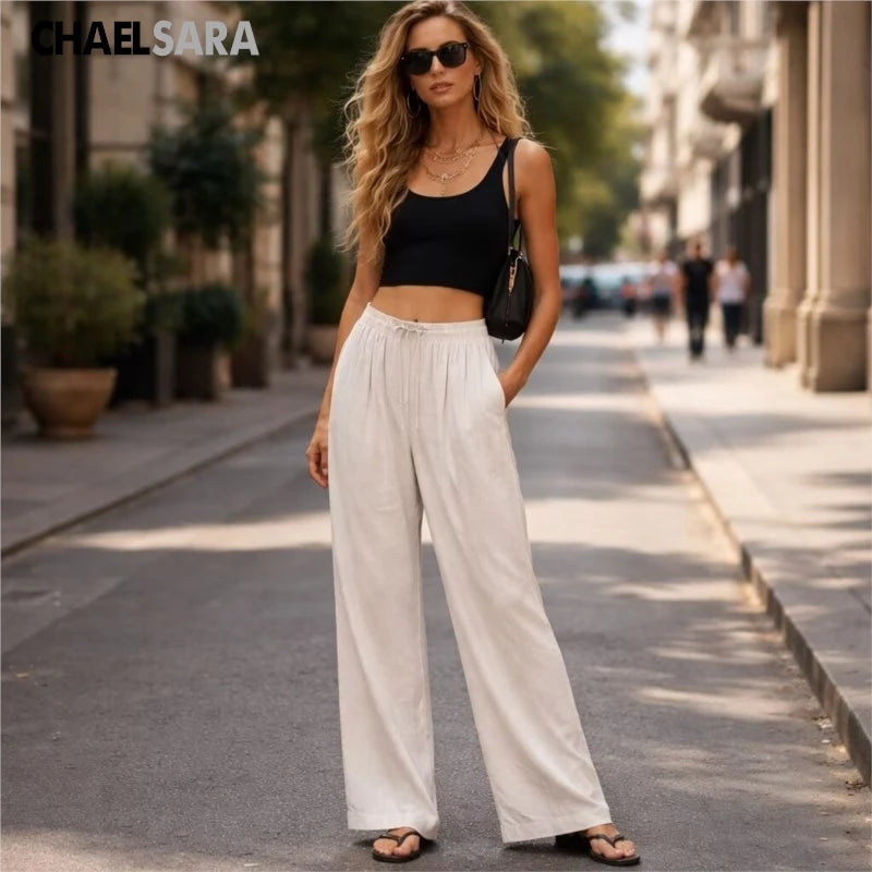 Pantalon droit décontracté en lin mélangé de haute qualité pour femme, avec cordon de serrage, poches et couleur unie, nouvelle collection Printemps-Été 2026
