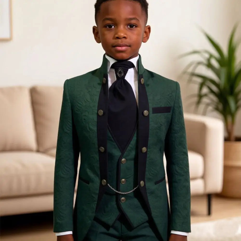 Costume Enfant Rose Pastel à Motifs Floraux Coupe Slim 3 Pièces Double Boutonnage Col Montant Assorti Tenue de Cérémonie Garçon d'Honneur Mariage