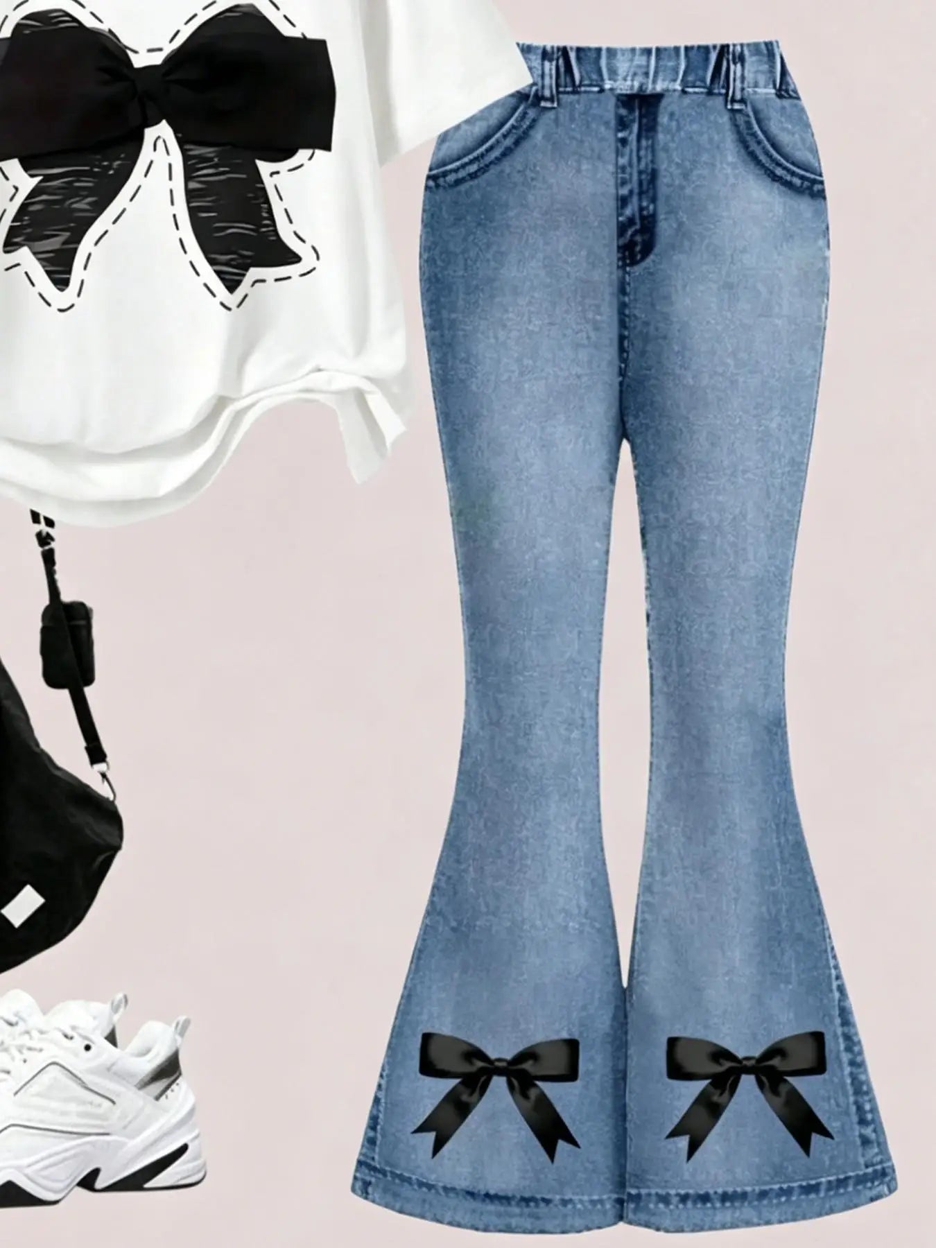 Tenue d'été décontractée pour filles, ensemble décontracté avec nœud papillon pour enfants, pantalon évasé en faux jean + t-shirt à manches courtes à col rond, ensemble deux pièces, tenue quotidienne tendance pour