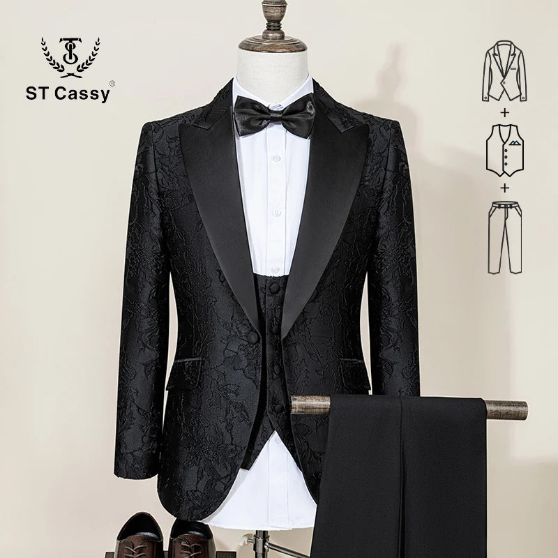 Costume de luxe 3 pièces ST Cassy de haute qualité pour homme – Smoking noir pour dîner, soirée, banquet, mode masculine, marié, mariage