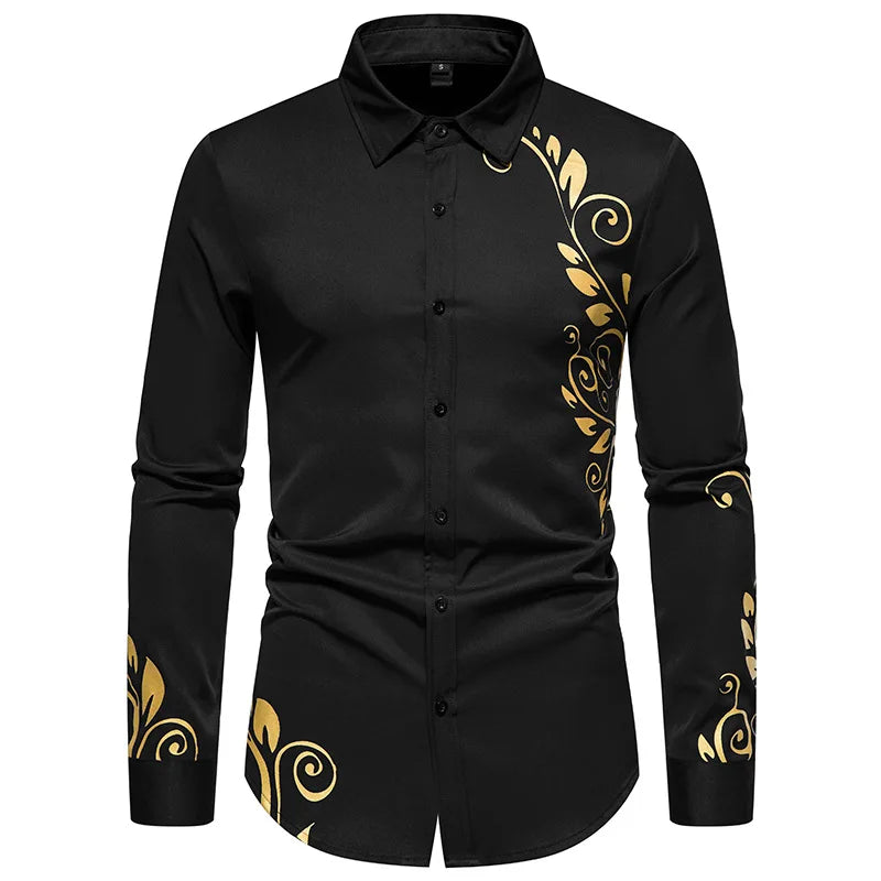 Chemise à imprimé doré pour homme, chemise décontractée à manches longues, vêtements pour homme, confortable et tendance, parfaite pour un usage quotidien