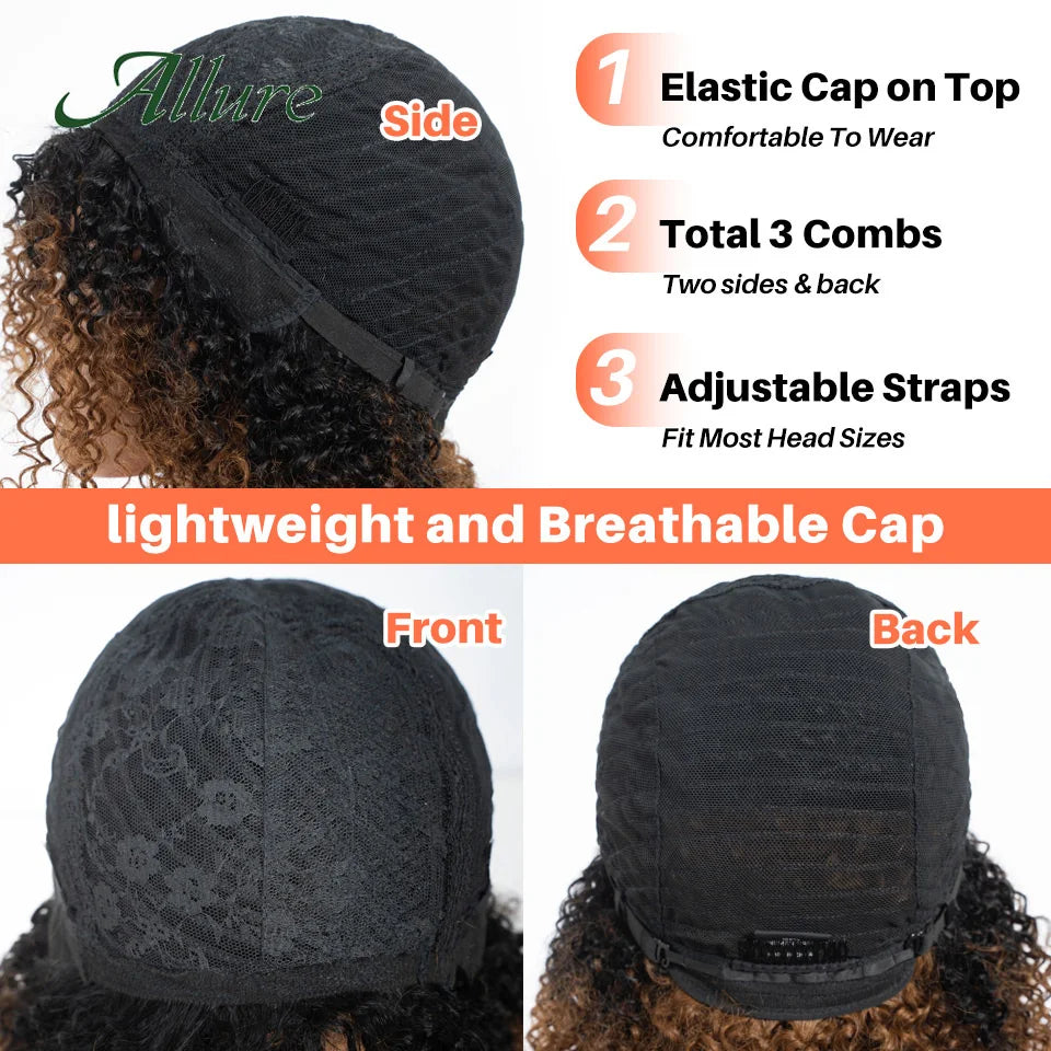 Perruques brésiliennes Jerry Curly en cheveux humains pour femmes, couleur brun foncé, cheveux courts bouclés, perruque sans colle, perruques afro crépues Allure