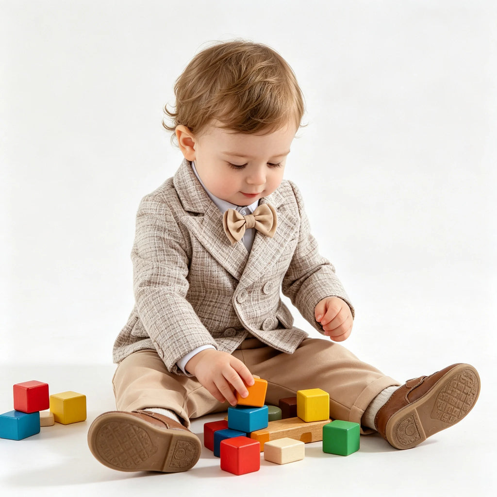 Ensemble de costume en tweed pour bébés garçons, style gentleman, pour mariage, cérémonie ou fête d'anniversaire, avec blazer croisé, pantalon kaki et nœud papillon