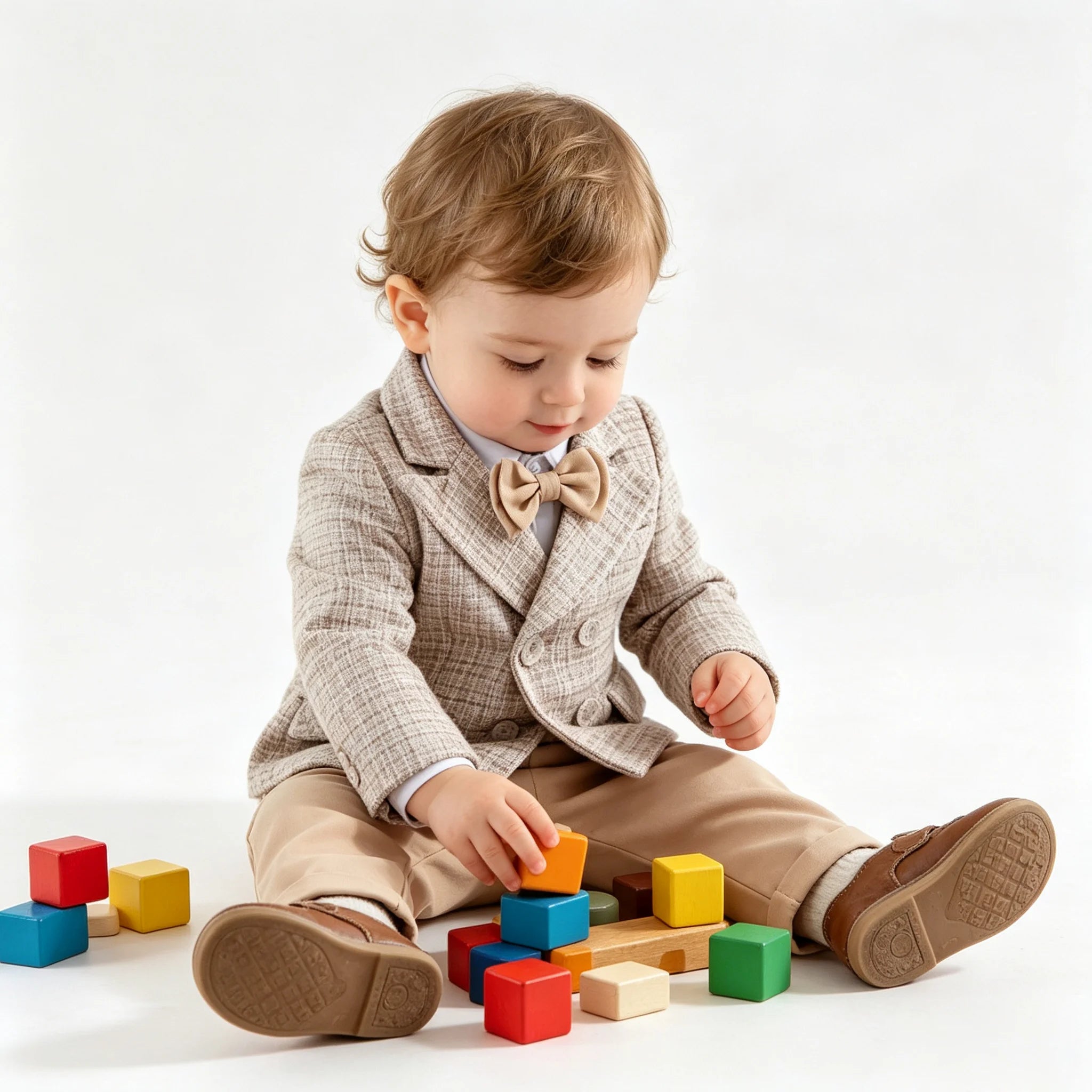 Ensemble de costume en tweed pour bébés garçons, style gentleman, pour mariage, cérémonie ou fête d'anniversaire, avec blazer croisé, pantalon kaki et nœud papillon