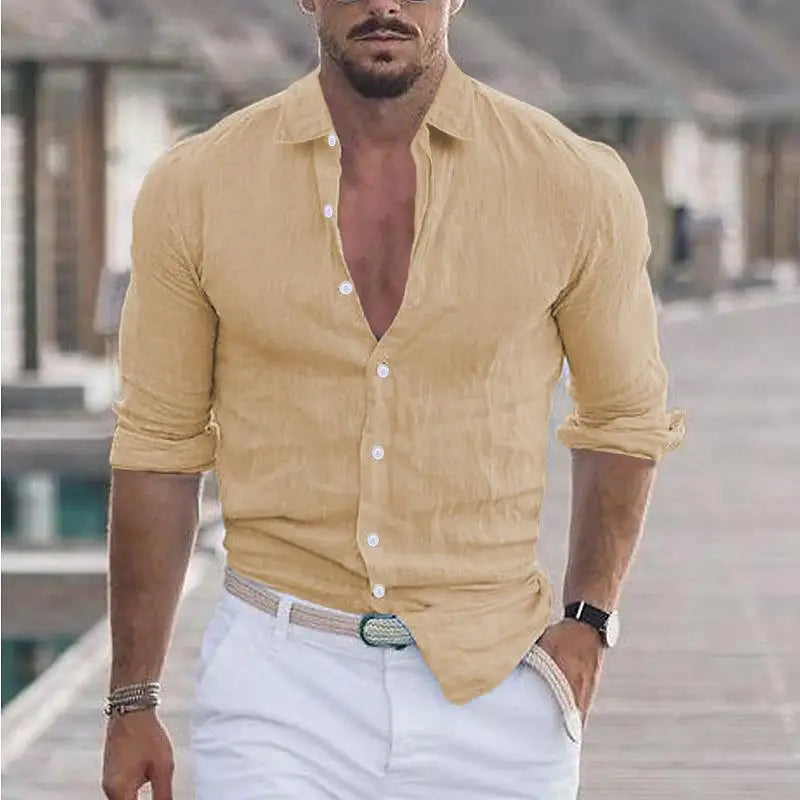 Chemisier hommes nouvel été coton lin revers plage chemise col rabattu à manches longues couleur unie vacances blusas camisas YRW5899