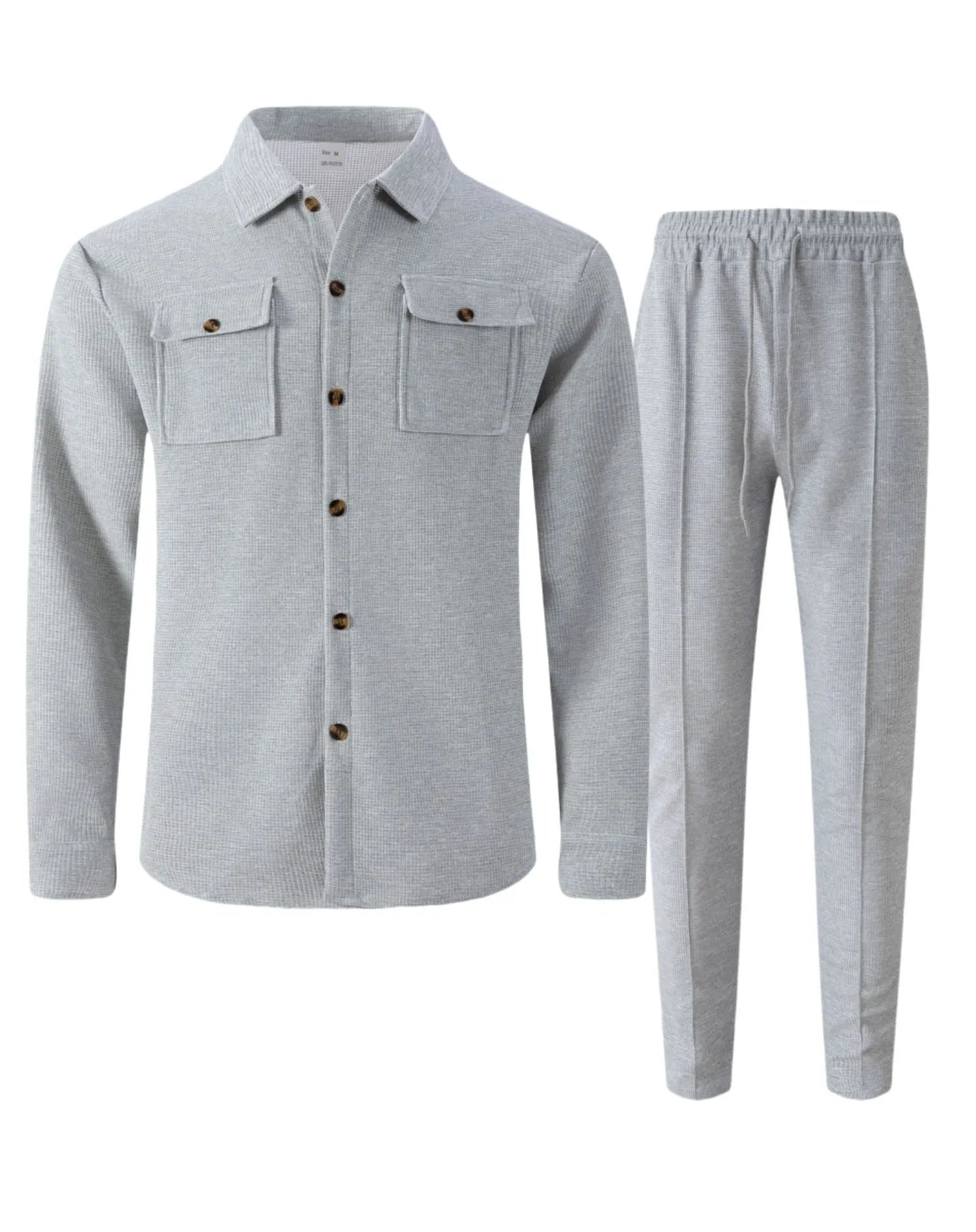 Ensemble chemise et pantalon cardigan boutonné à double poche, gaufré, manches longues, couleur unie, nouveau style d'automne