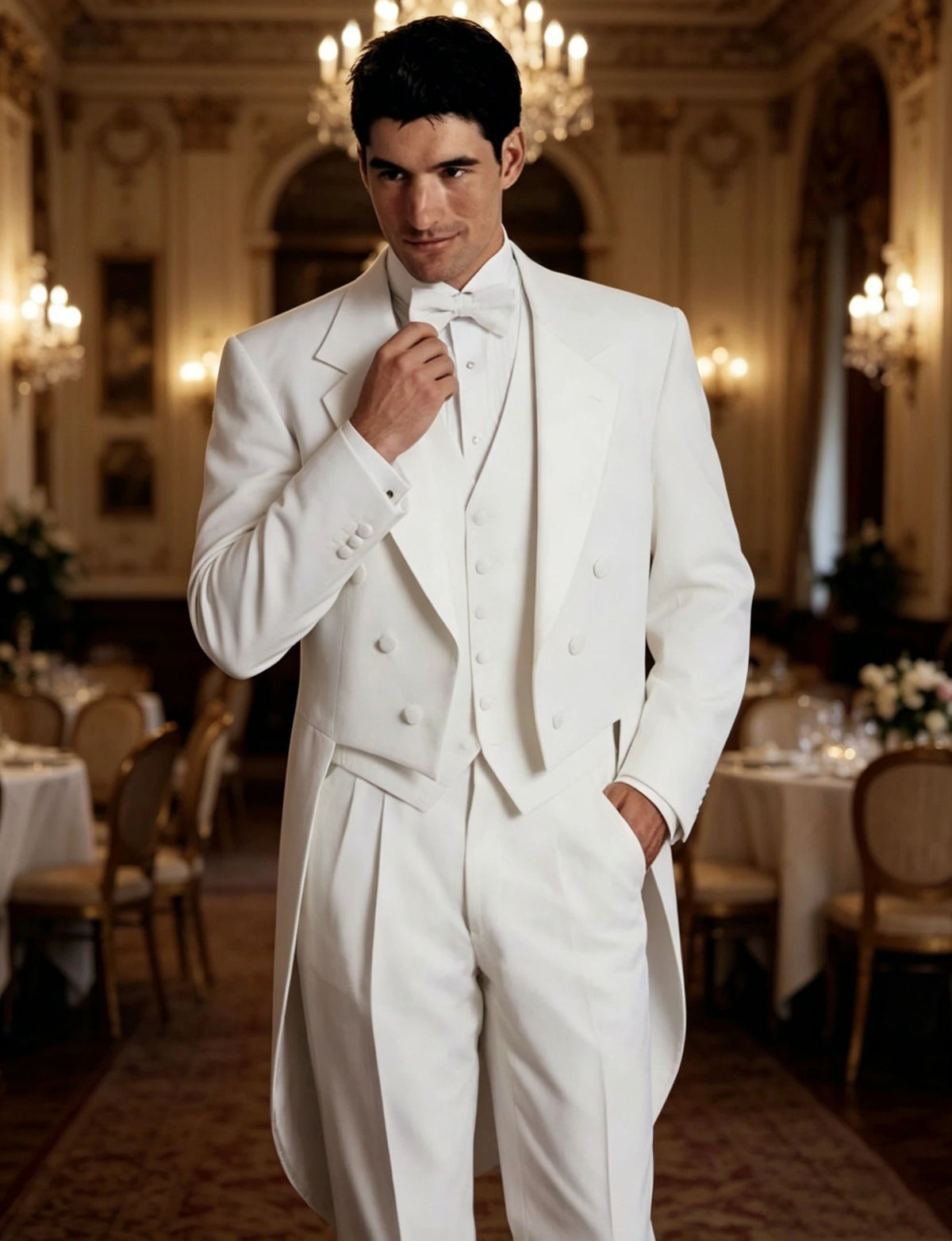 Costume de smoking blanc pour homme avec veste queue de pie et pantalon pour mariage, fête, danse, spectacle de magie