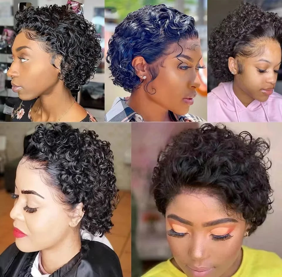 Perruques coupe lutin cheveux humains courts bouclés avant de lacet perruques de cheveux humains brésilien 13x1 perruques de dentelle transparente vague d'eau Bob perruque