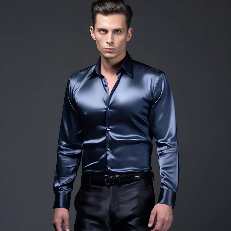 Hommes Satin luxe robe chemises mode soie lisse mâle smoking chemise solide fête de mariage bal chemise décontractée bureau d'affaires
