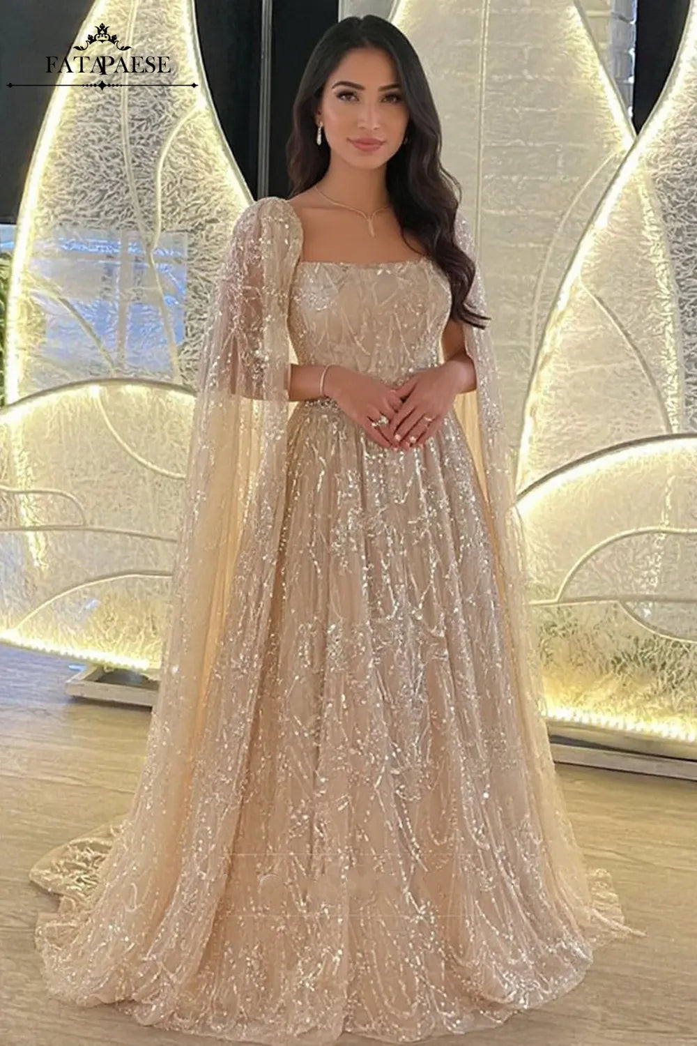 FATAPAESE luxe perles paillettes Cape robes de soirée Champagne une ligne Tulle robe d'invité de mariage pour arabe dubaï saoudien