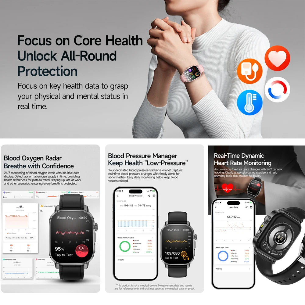 Montre connectée pour hommes et femmes, nouveau modèle d'analyse de la santé des acides uriques et des lipides, ECG + PPG, appel Bluetooth, lampe de poche 2026 pouces, 2.021
