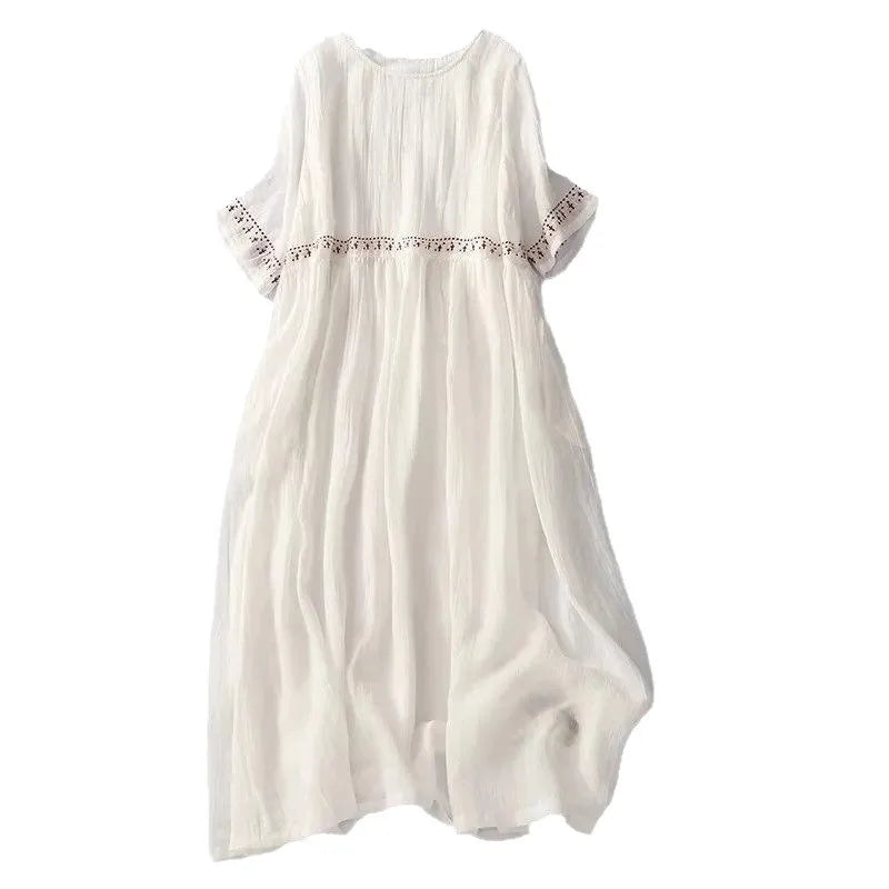 Robe d'été pour femme grande taille, brodée, coupe ample, style A-line évasé, décontractée, mi-longue, pour l'extérieur