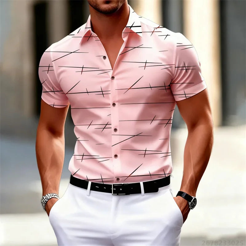 Chemise à manches courtes pour homme, 18 couleurs, nouvelle collection 2026, imprimé lignes géométriques, style urbain décontracté, col slim, tissu confortable