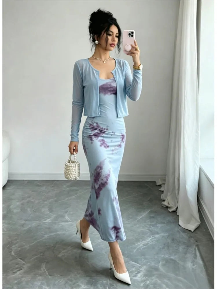 Ensemble élégant 2 pièces imprimé pour femme : Robe moulante mi-longue et cardigan court à manches longues – Tenue décontractée pour le quotidien et le street style