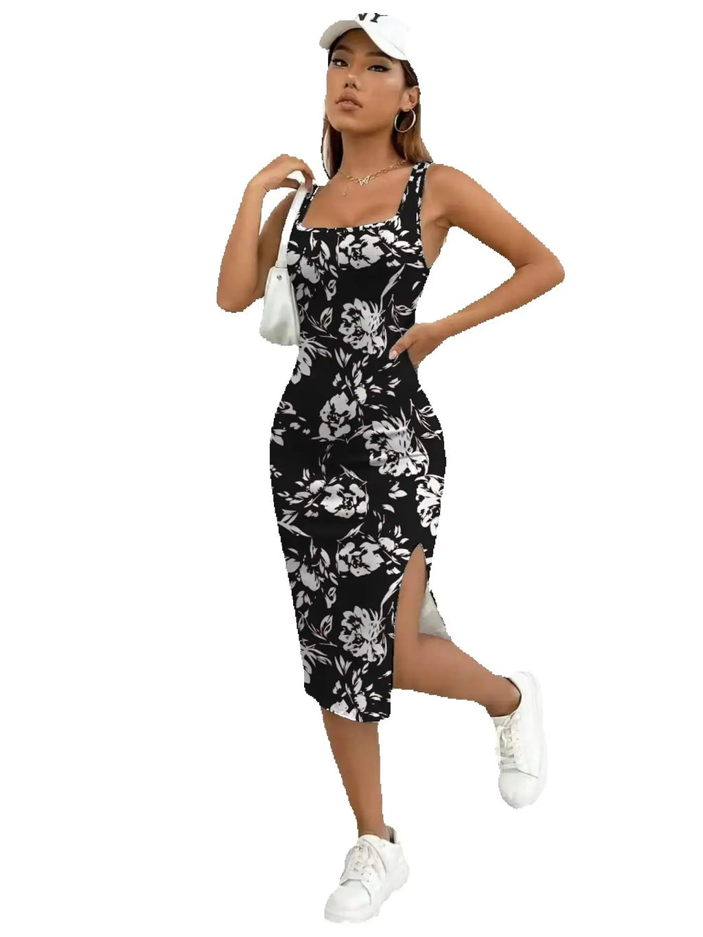 Robe mi-longue décontractée et élégante pour femme, col carré, motif géométrique, motif floral, fente latérale, idéale pour l'été