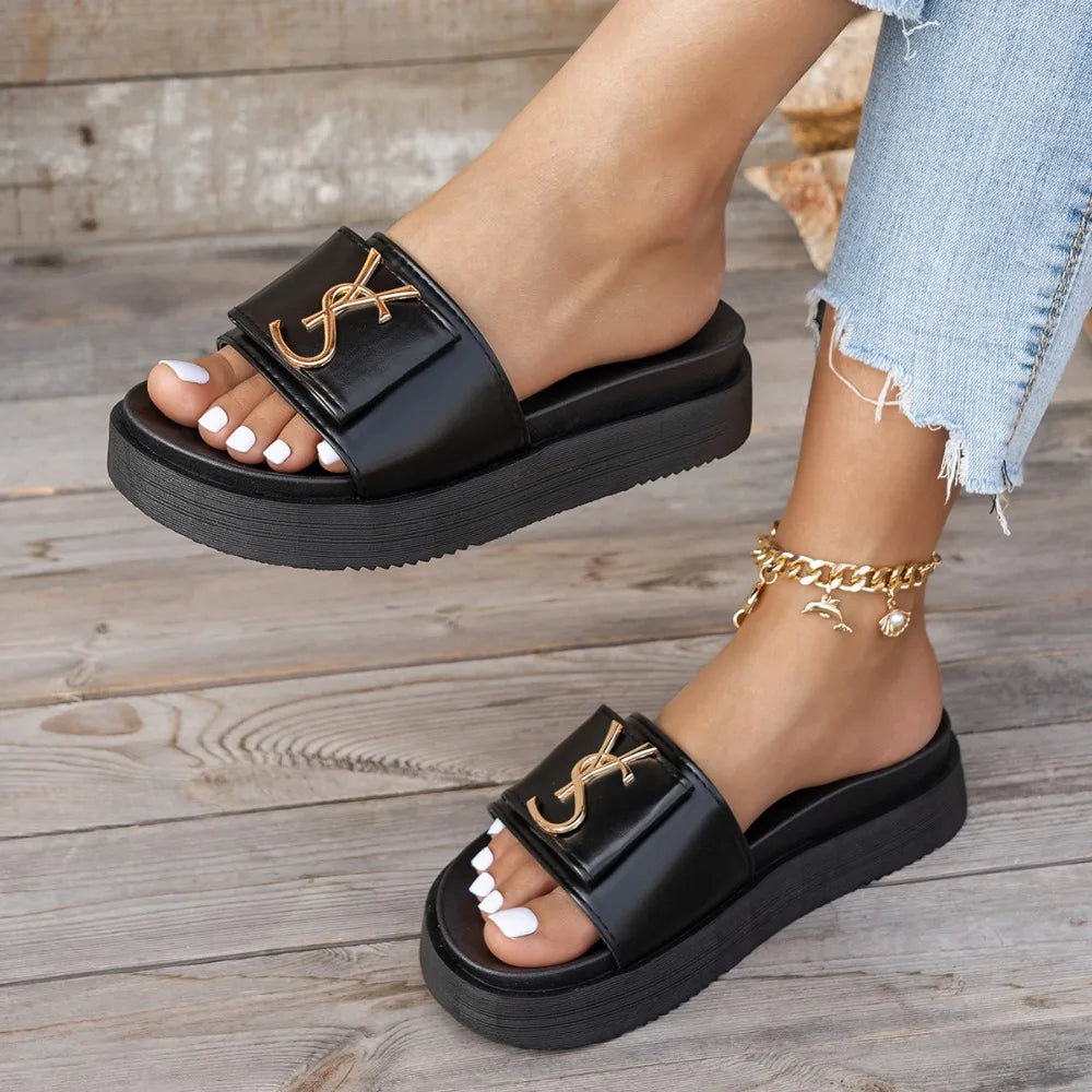 Sandales de luxe pour femmes à plateforme, design tendance avec lettres, décontractées, antidérapantes pour l'extérieur