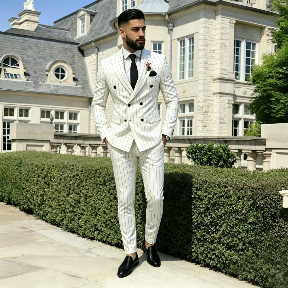 Costume de luxe pour homme, double boutonnage, à fines rayures blanches, 2 pièces (veste et pantalon), pour mariage, marié, affaires, bal de promo, costume sur mesure