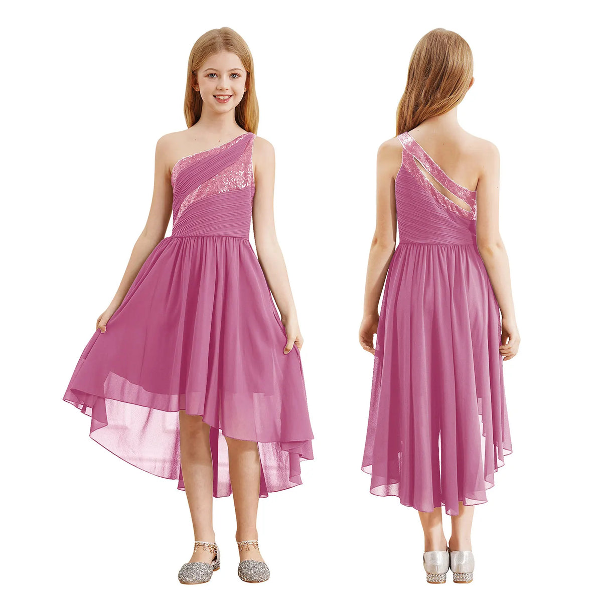 Robe d'été en mousseline de soie pour filles, tenue de princesse à paillettes, asymétrique épaule dénudée, sans manches, robe Maxi de demoiselle d'honneur junior, robes de fête de mariage