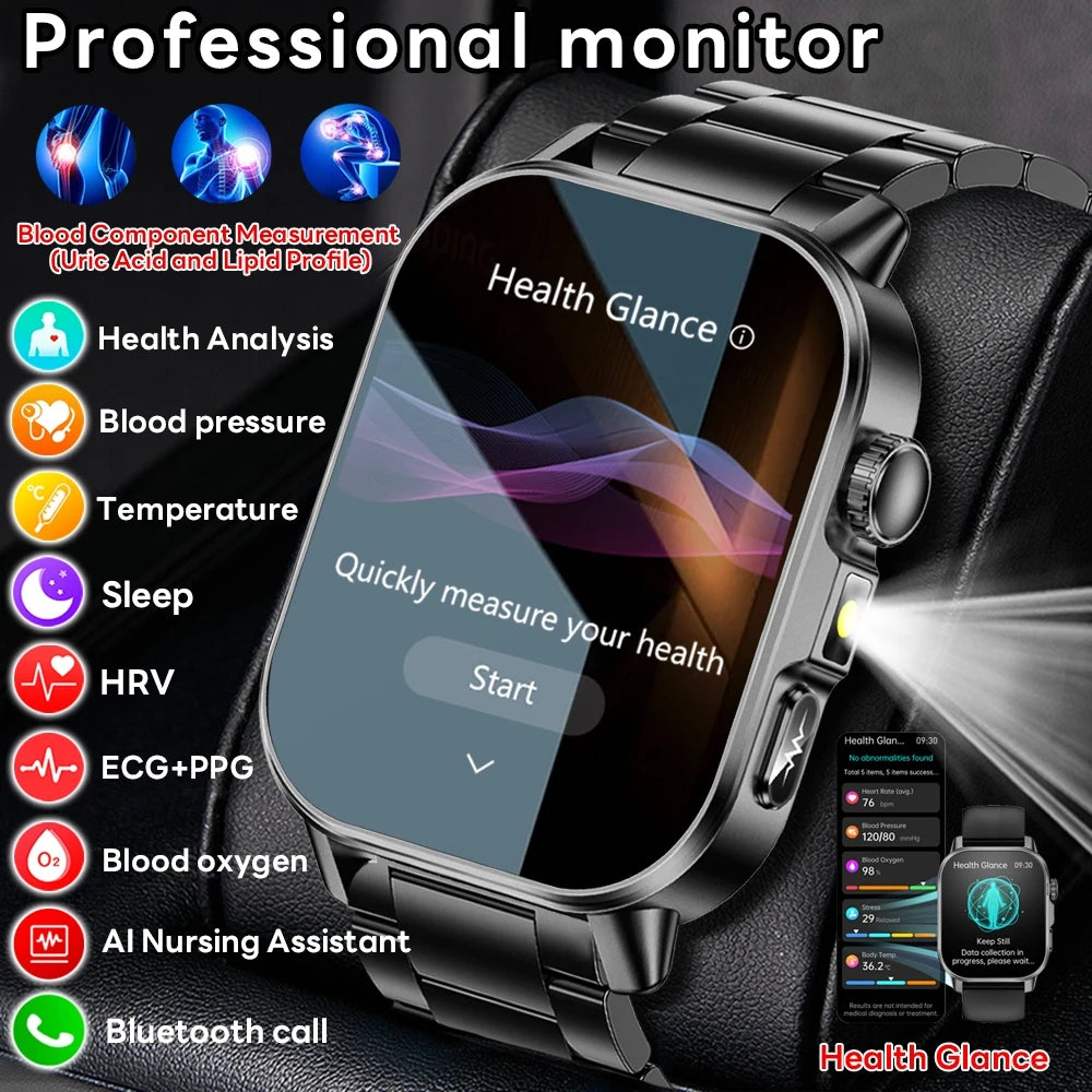 Montre connectée pour hommes et femmes, nouveau modèle d'analyse de la santé des acides uriques et des lipides, ECG + PPG, appel Bluetooth, lampe de poche 2026 pouces, 2.021