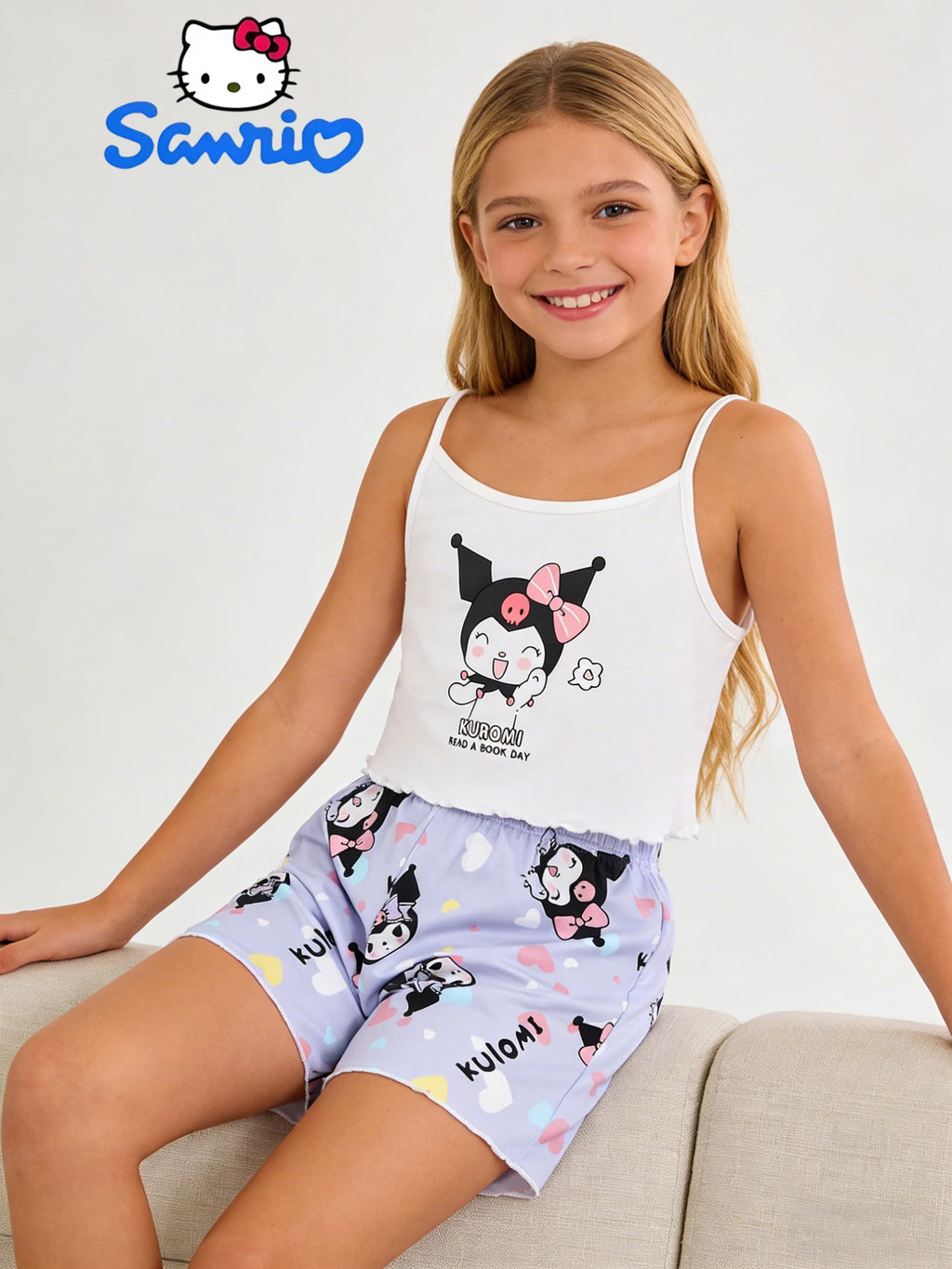 Ensemble short et débardeur Sanrio pour filles, édition été, ensemble deux pièces Kuromi, adapté aux vêtements d'été pour enfants à la maison