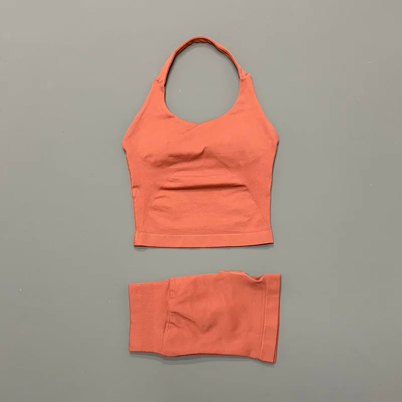 Ensemble de sport 2 pièces pour femme : débardeur long à bretelles rembourré et short de sport sans couture pour le yoga, le fitness et la course à pied